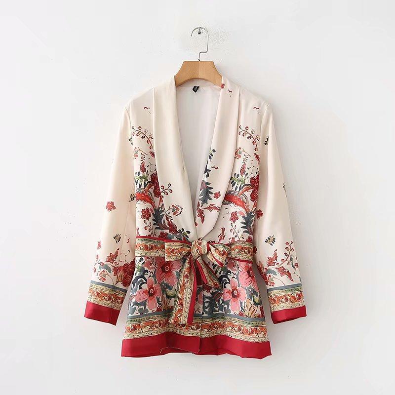 Summer Bohemia Fashion Belt Printing Long Sleeve Casual V-Neck Coat