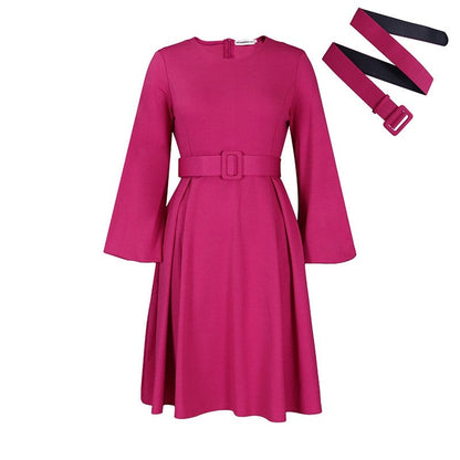 Solid Color Long Sleeve Round Neck Dress With Belt