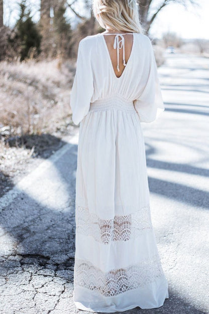 Bohemia V-Neck Stitching Lace Cover-Up Beach Dress