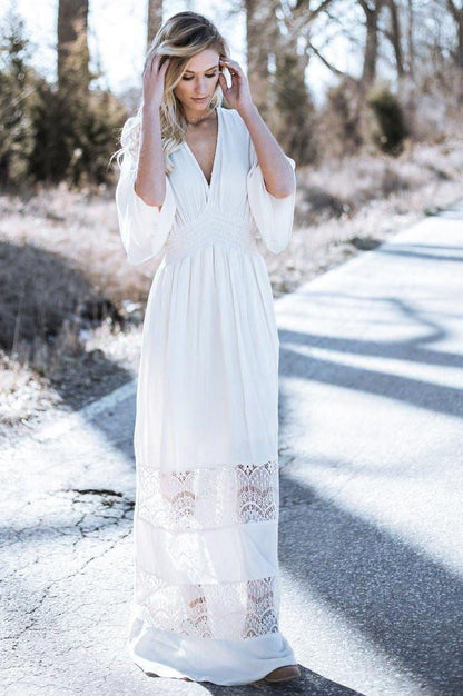 Bohemia V-Neck Stitching Lace Cover-Up Beach Dress