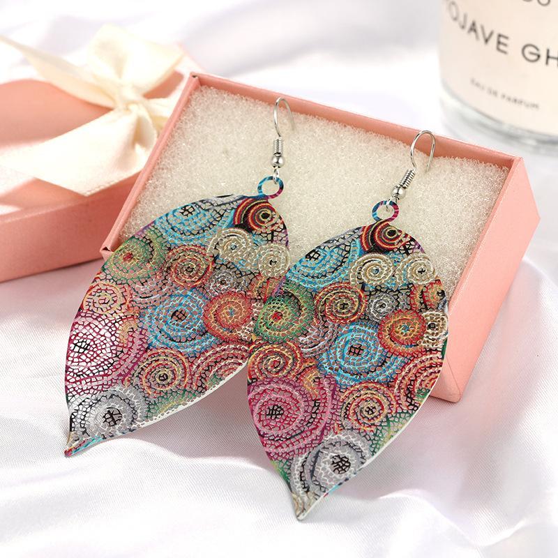 Hollow Leaf Print Metal Colorful Earrings