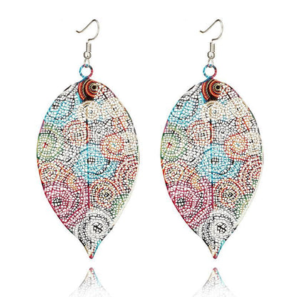 Hollow Leaf Print Metal Colorful Earrings