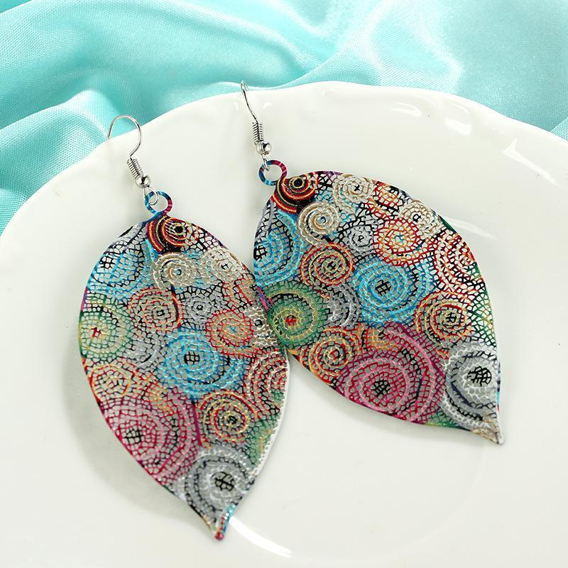 Hollow Leaf Print Metal Colorful Earrings