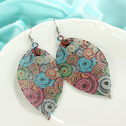 Hollow Leaf Print Metal Colorful Earrings