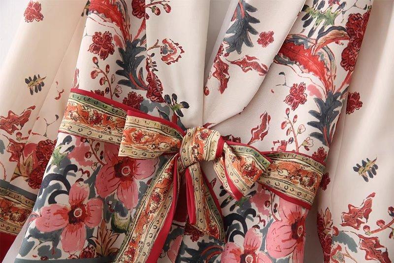 Summer Bohemia Fashion Belt Printing Long Sleeve Casual V-Neck Coat