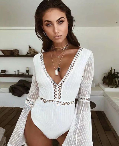 Lace Trumpet Sleeves Vacation Seaside Swimwear Jumpsuit