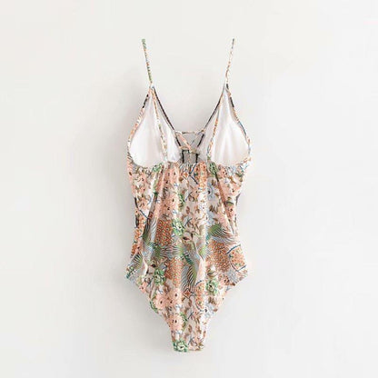 Bohemian V-Neck Sling Cross Straps Hollow Stretch Print One-Piece Swimsuit