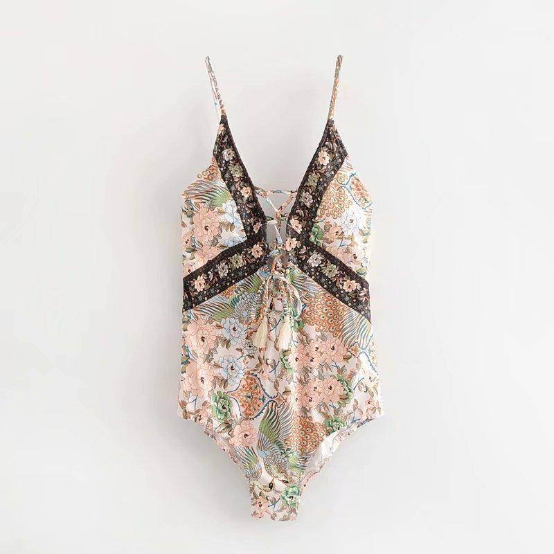 Bohemian V-Neck Sling Cross Straps Hollow Stretch Print One-Piece Swimsuit
