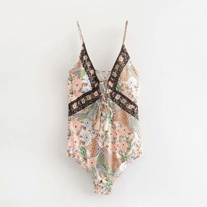 Bohemian V-Neck Sling Cross Straps Hollow Stretch Print One-Piece Swimsuit