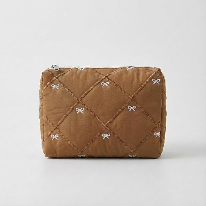 Simple Cotton Quilted Bow Embroidery Cosmetic Bag