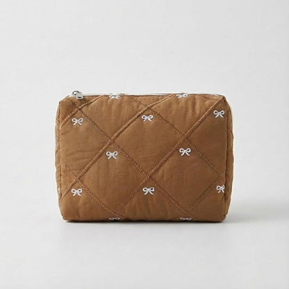 Simple Cotton Quilted Bow Embroidery Cosmetic Bag