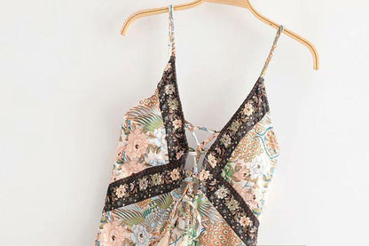 Bohemian V-Neck Sling Cross Straps Hollow Stretch Print One-Piece Swimsuit