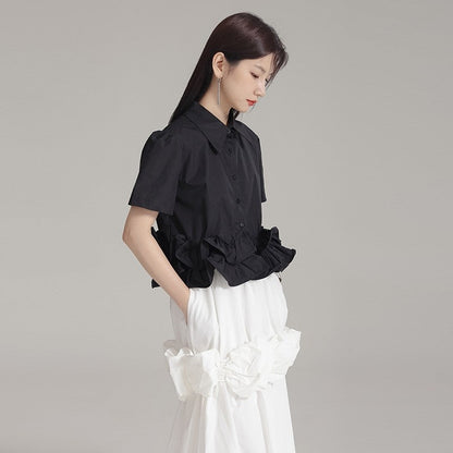 Pleated Ruffled Lapel Long Sleeve Blouse