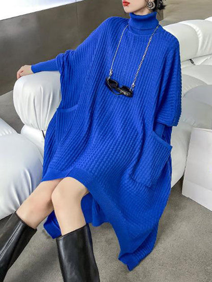 Batwing Sleeves High-Low Pockets Solid Color Split-Joint High-Neck Midi Dresses Sweater