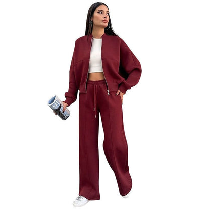Solid Fleece Zip Hoodie Straight Leg Pants Set