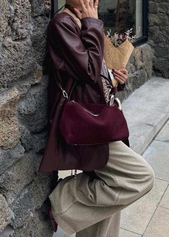 Suede Shoulder and Crossbody Bag With Leather Straps