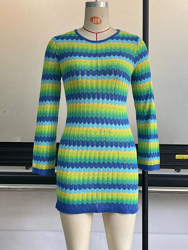 Long Sleeves Skinny Backless Contrast Color Tied Round-Neck Knit Dresses Mini Dresses