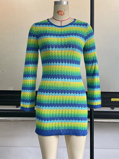 Long Sleeves Skinny Backless Contrast Color Tied Round-Neck Knit Dresses Mini Dresses