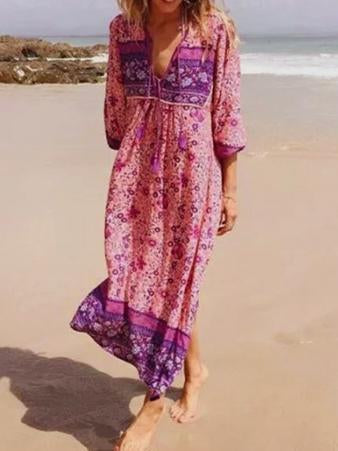 Women S Fashion Polyester Boho Tie Neck Long Sleeve Pleated Day Dress
