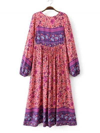 Women S Fashion Polyester Boho Tie Neck Long Sleeve Pleated Day Dress