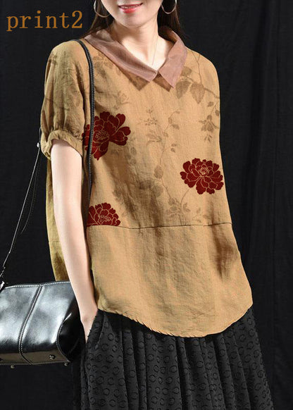 Peach Pink Patchwork Turn-down Collar Summer Linen Shirt Blouse