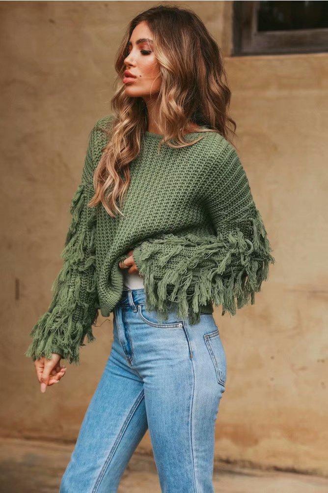 Solid Color Round Neck Long Sleeve Tassel Sweater