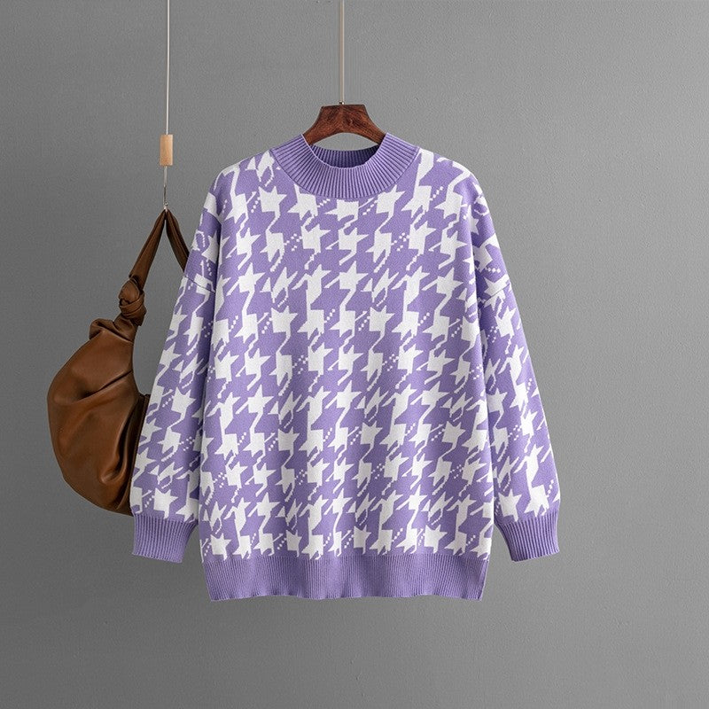 Houndstooth Crew Neck Loose Sweater