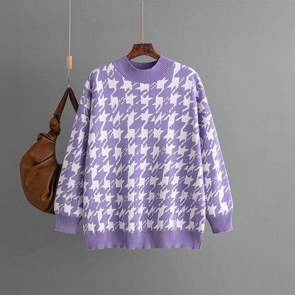 Houndstooth Crew Neck Loose Sweater