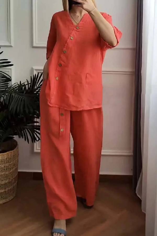 Solid Color Cotton And Linen Cropped Top \u0026 Wide Leg Pants Two-Piece Set