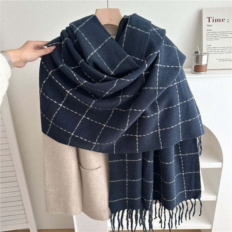 Color Block Plaid Fringe Scarf