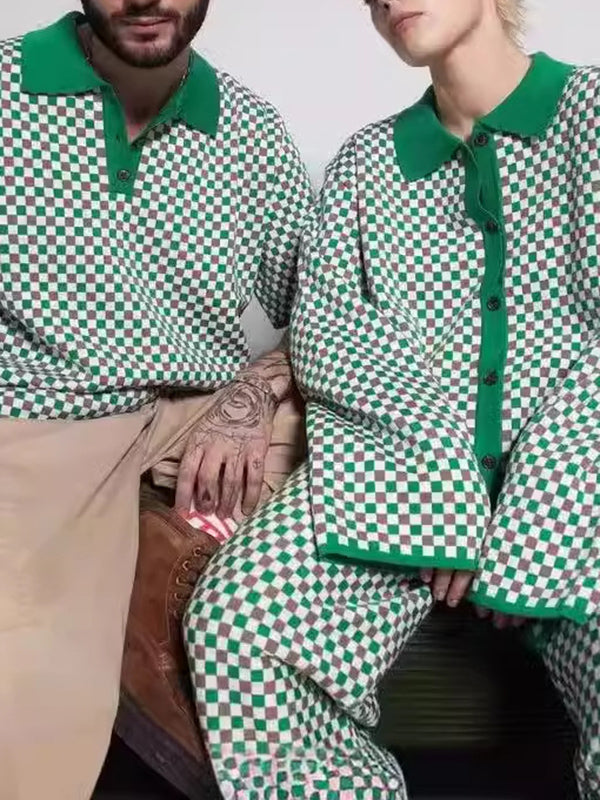 Long Sleeves Loose Plaid Split-Joint Lapel Cardigan Tops Sweater Tops