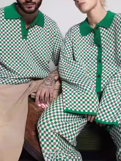 Long Sleeves Loose Plaid Split-Joint Lapel Cardigan Tops Sweater Tops