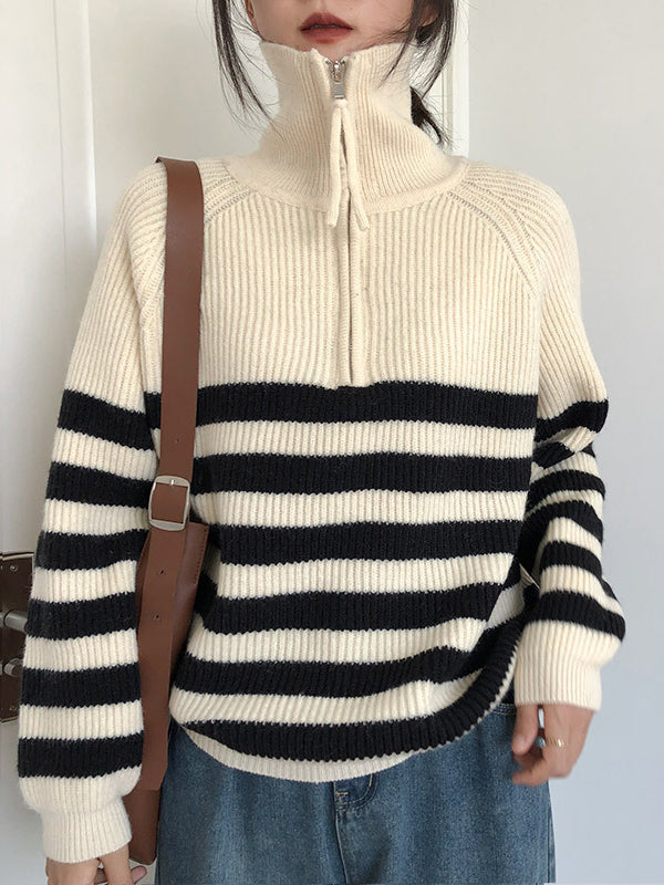 Urban Striped Zipper High-Neck Sweater Tops Pullovers