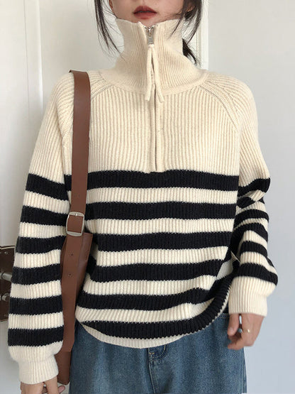 Urban Striped Zipper High-Neck Sweater Tops Pullovers