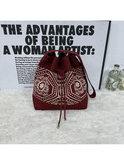 Cosbai - Knitted Shoulder Bag with Retro Style Featuring Drawstrings