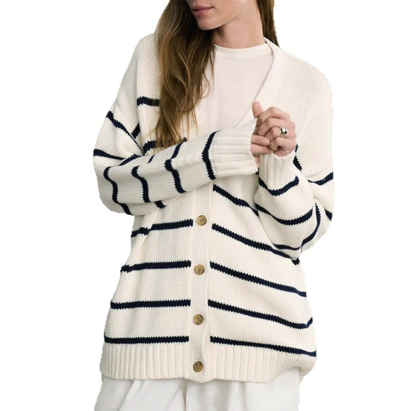 Striped V-Neck Color Block Button Down Cardigan