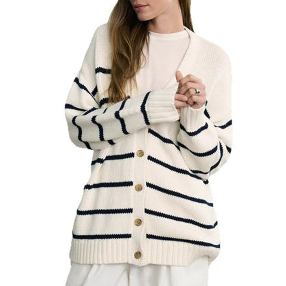 Striped V-Neck Color Block Button Down Cardigan
