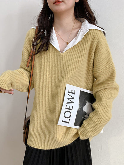 Simple Long Sleeves Loose Solid Color V-Neck Sweater Tops