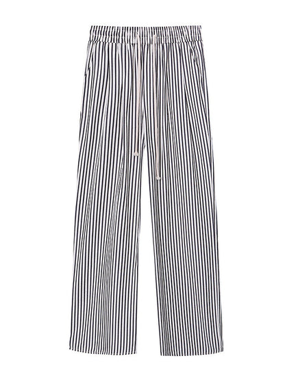 High Waisted Wide Leg Contrast Color Elasticity Split-Joint Striped Pants Trousers