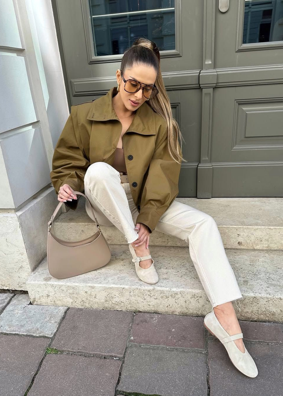 Cropped Button Up Jacket Khaki Lightweight Fabric