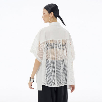 Sheer Mesh Polo Collar Short Sleeve Shirt  Loose Fit, Slimming Effect, Stylish & Versatile Top For Women
