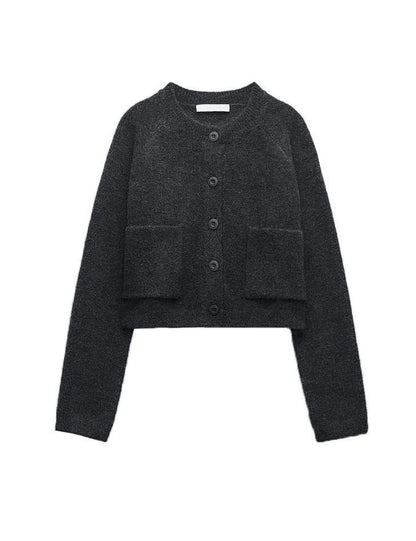 Simple Long Sleeve Knit Cropped Cardigan With Pockets