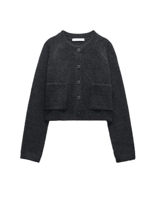 Simple Long Sleeve Knit Cropped Cardigan With Pockets