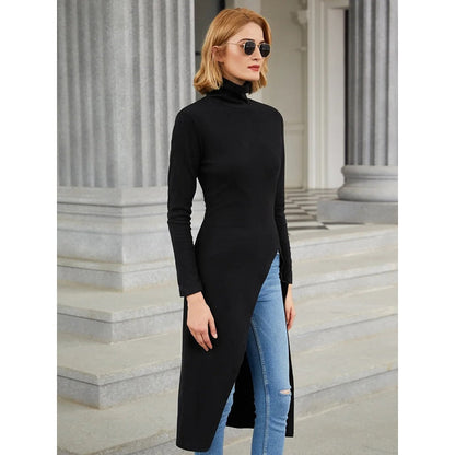 Skinny Solid Color Split-Side High-Neck T-Shirts Tops