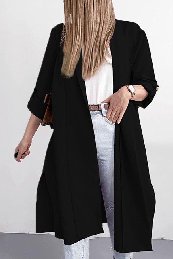 Solid Lapel 3\/4 Sleeve Slit Cardigan