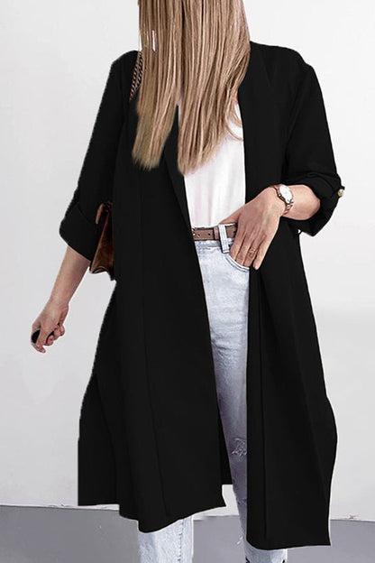 Solid Lapel 3\/4 Sleeve Slit Cardigan