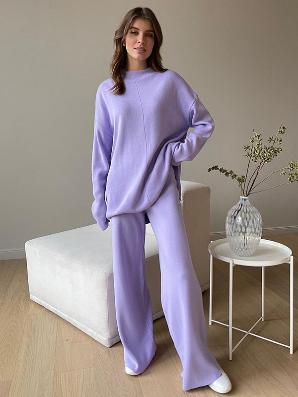 Loose Solid Color High-Neck Sweater Tops&Pants Suits