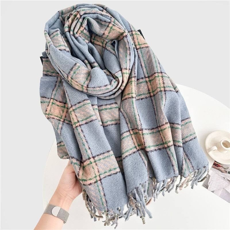 Color Block Plaid Fringe Scarf