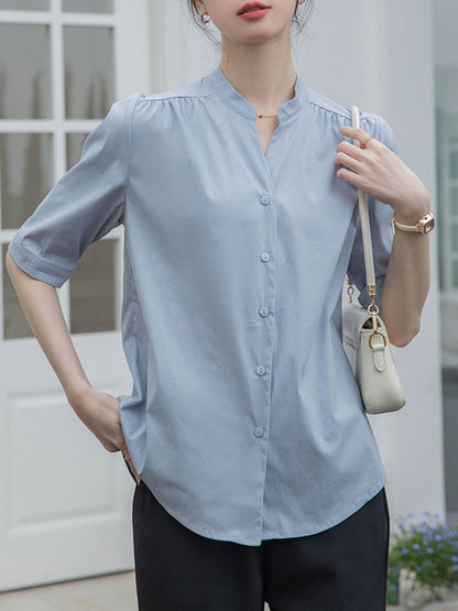 Half Sleeves Loose Buttoned Pleated Solid Color Split-Joint Stand Collar Blouses&Shirts Tops