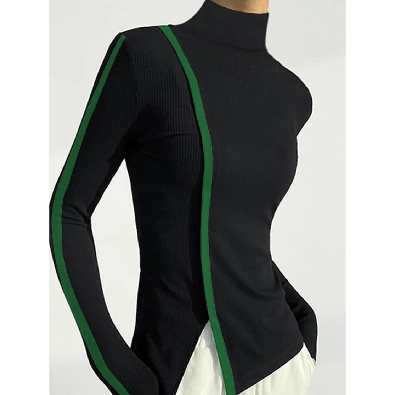 Long Sleeves Skinny Contrast Color Split-side High-neck T-Shirts Tops